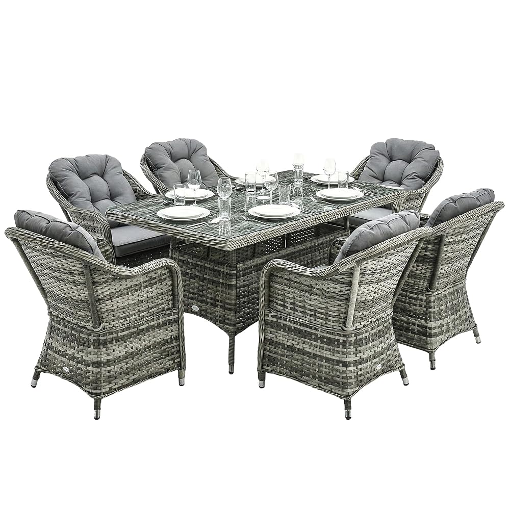 Outsunny 6 Seater Rattan Dining Set with Seat and Back Cushions, Rectangular Glass Top Table