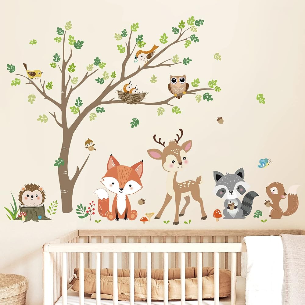decalmile Woodland Animals Tree Wall Stickers, Fox Deer Owl Wall Decals, Baby Nursery Kids Bedroom Wall Decor