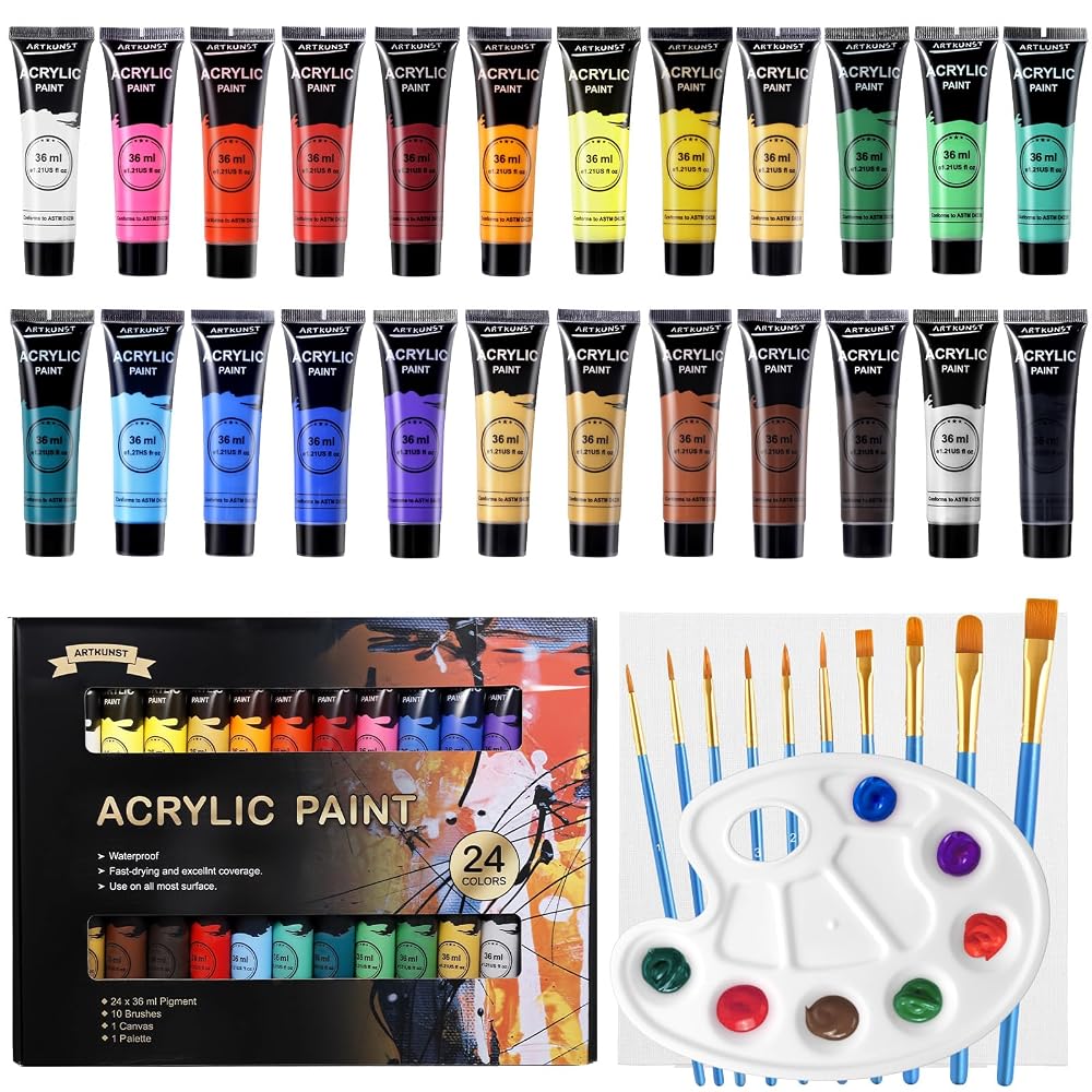 ARTKUNST Acrylic Paint Set, 24 x 36ml Painting Set with 10 Brushes for Canvas, Wood, Paper, Ceramic, Waterproof Paints with Vivid Colour for Artists, Beginners, Children