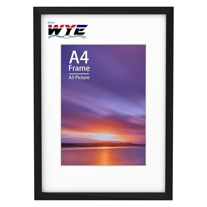 wyewye A4 Frame Wooden Photo Frame with A5 Mount, Tabletop Stand or Wall Hanging, Black Poster Frame with Plexiglass Window