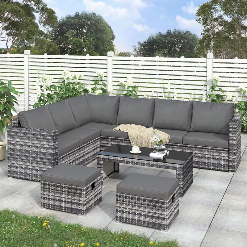 Merax PE Rattan Corner Sofa Set Large Garden Patio Outdoor Furniture All-Weather with Coffee Table, 2 Stools, Seat Cushions, Back Cushions