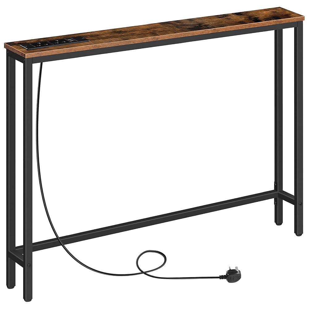 HOOBRO Slim Console Table with Charging Station, Hallway Table with USB Ports and Power Outlets, Rustic Brown