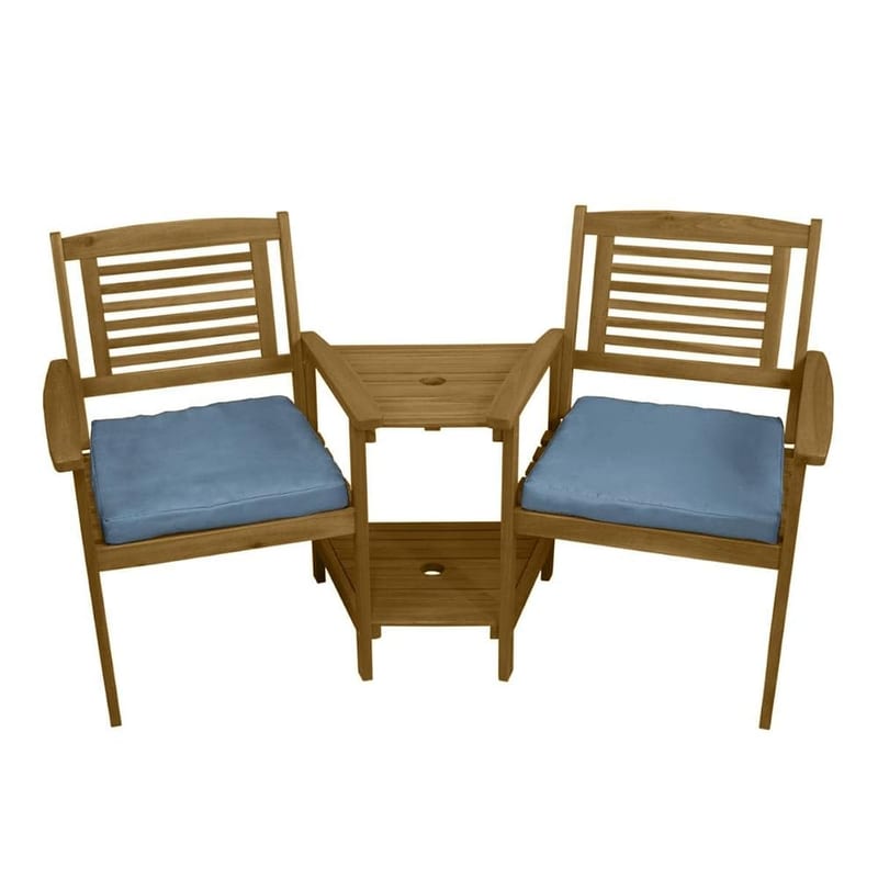Wooden Companion Love Seat Garden Chairs 2 Tier Table Bistro Set, Solid Acacia Hardwood with 2 Free Cushions