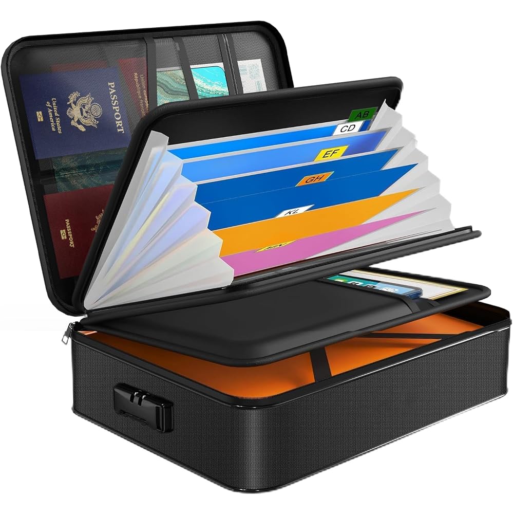 JUNDUN Fireproof Document Box with 7 Pockets File Folder, Waterproof Document Organiser with Lock