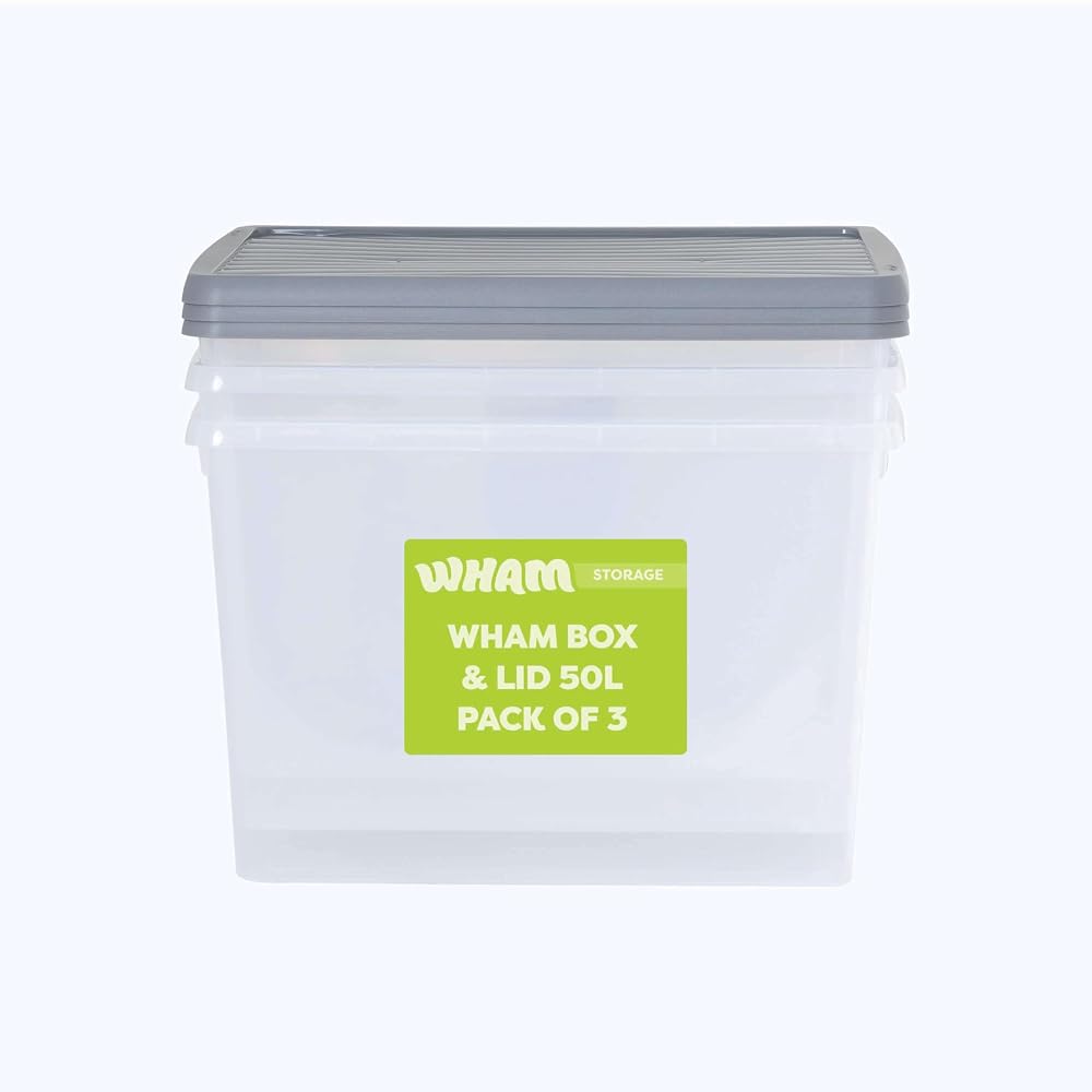Wham Box 3 x 50L Stackable Plastic Storage Boxes with Lids, Clear/Steel