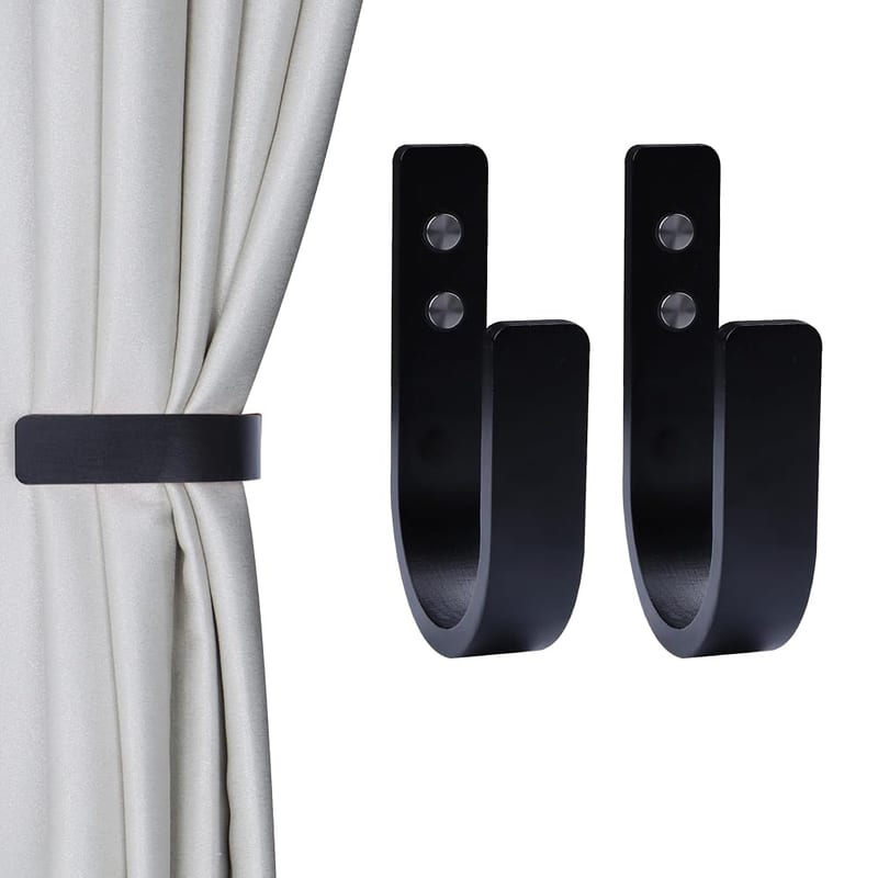 2-Piece Wooden U-Shaped Curtain Tiebacks Wall Mount Holder (Black) - Wall-Mounted U-Shaped Hooks with Stainless Steel Screws