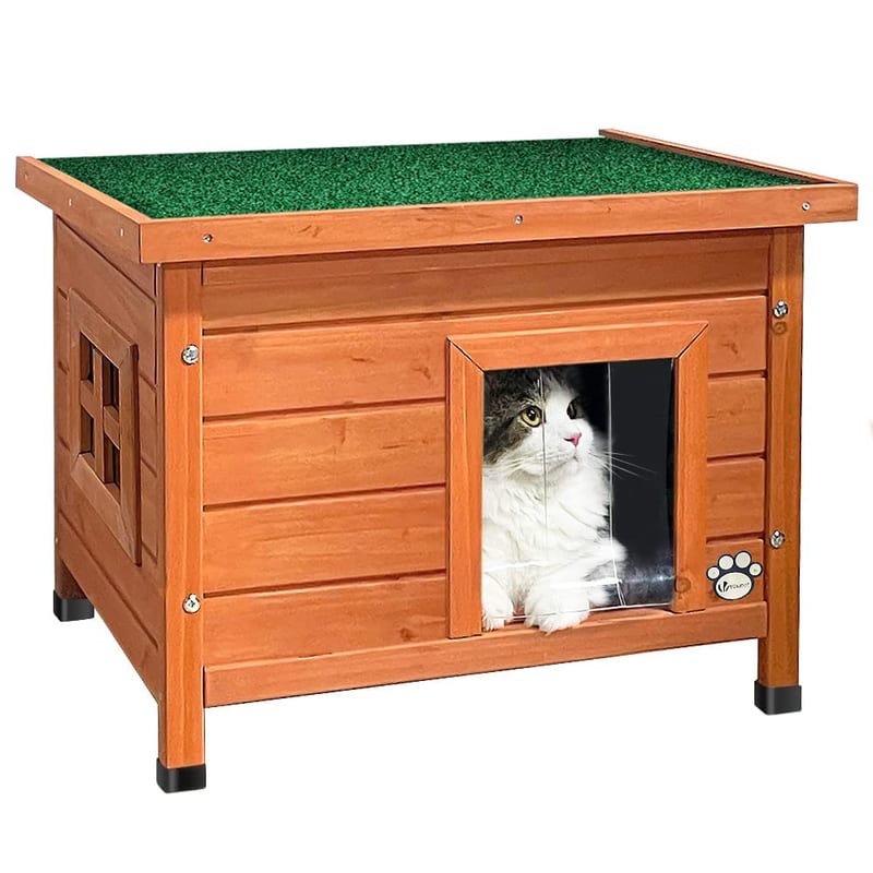 VOUNOT Cat House Garden Wooden Kitten Home with Water-resistant Openable Roof, Privacy Window