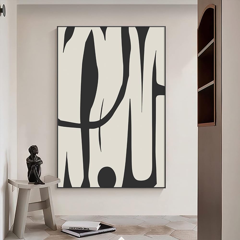 Black and White Abstract Line Art Canvas Print Painting, Modern Minimalist Wall Art Shapes, 16x24in