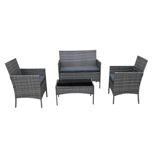 COZYBRITE Rattan Garden Furniture Sofa Set with Coffee Table Chairs 4 Seater for Outdoor Patio Balcony 6210-B (Mixed Grey+Dark Grey Cushions)