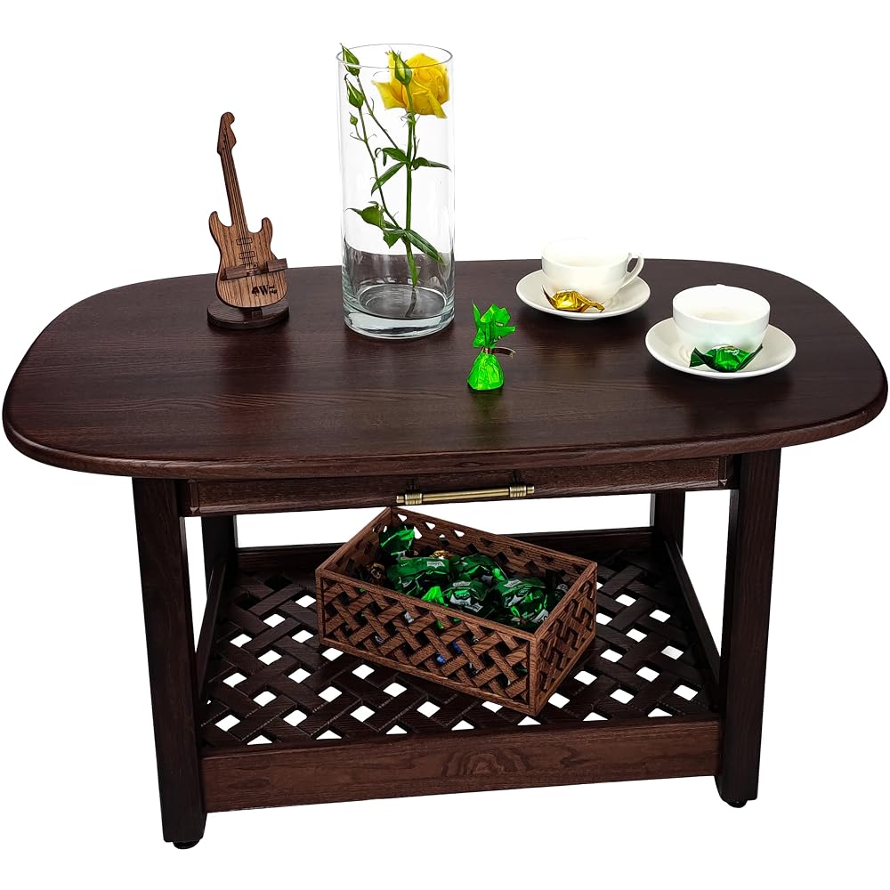 Wood Wedge Rustik Coffee Table with Storage Shelf & Hidden Drawer