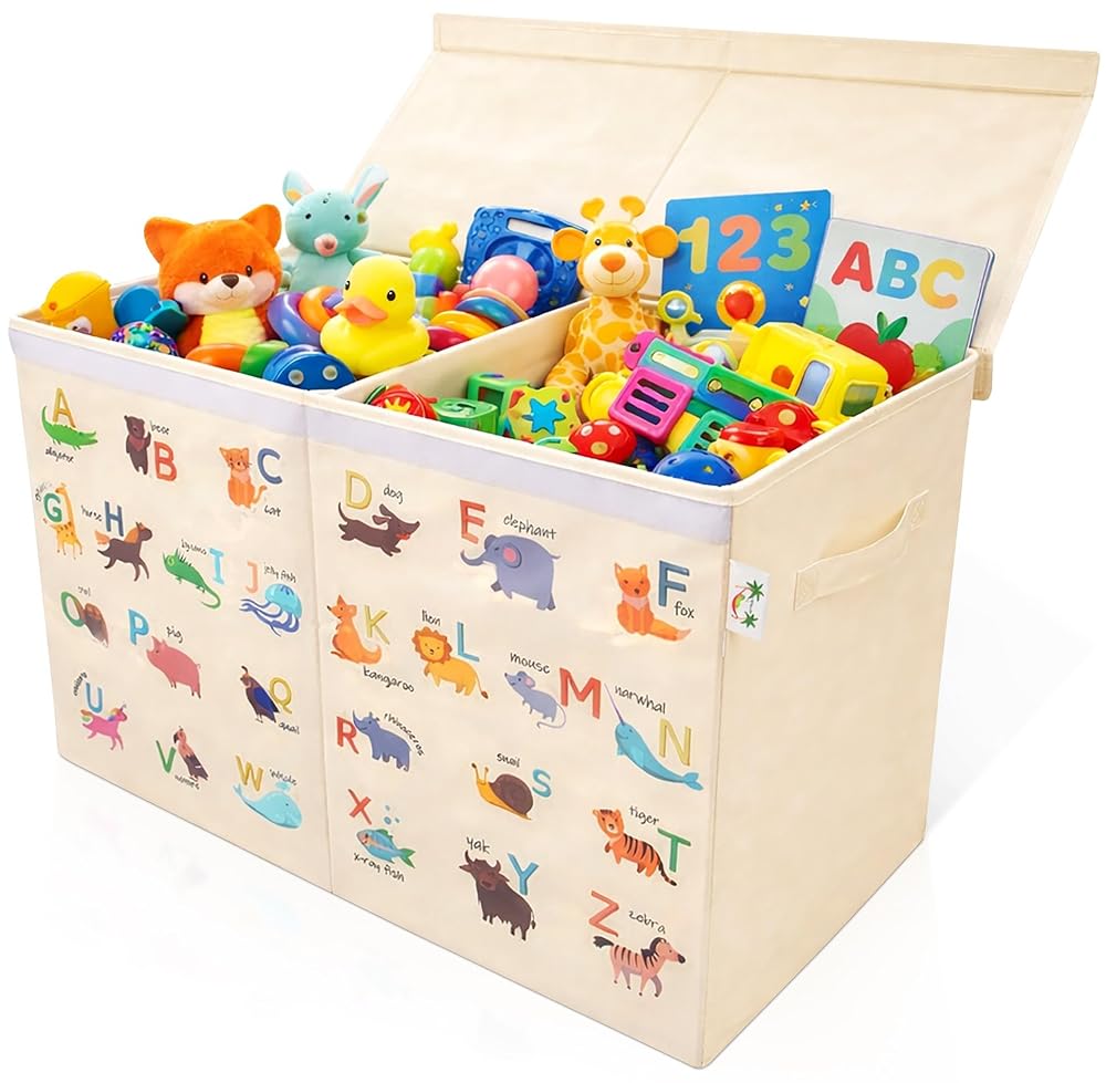 Ezylivin Large Toy Storage Box with Lid - Sturdy, Foldable, Space Saving Chest for Kids and Baby Games, Toys, Clothes, Bedding (Animal Alphabet)