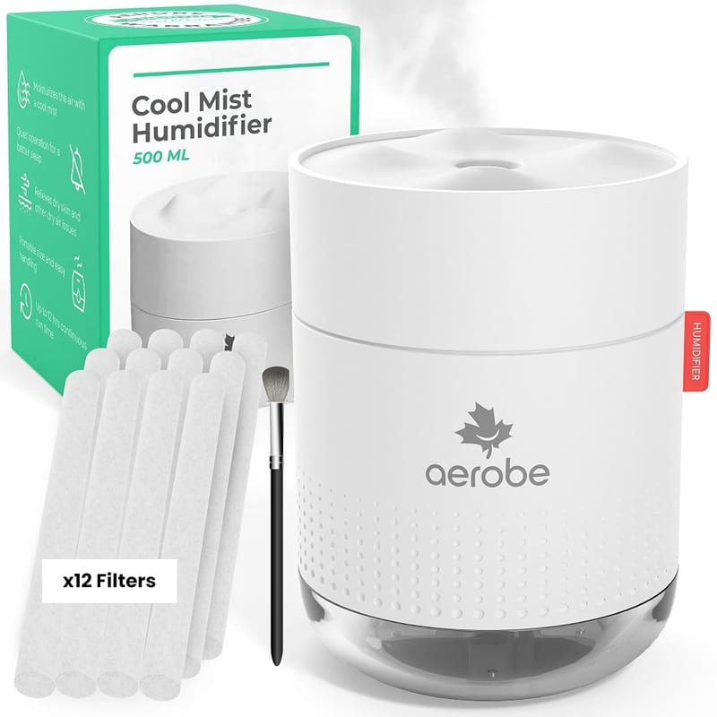 Aerobe Humidifier for Bedroom with Night Light & 12 Extra Filters, 500ml Cool Mist Humidifier for Home & Plants
