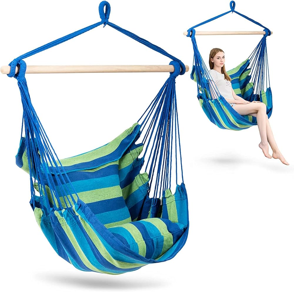RELAX4LIFE Hammock Swing Chair, Garden Cotton Rope Swing Seat with 2 Pillows & Wooden Bar, Blue+Green Stripes