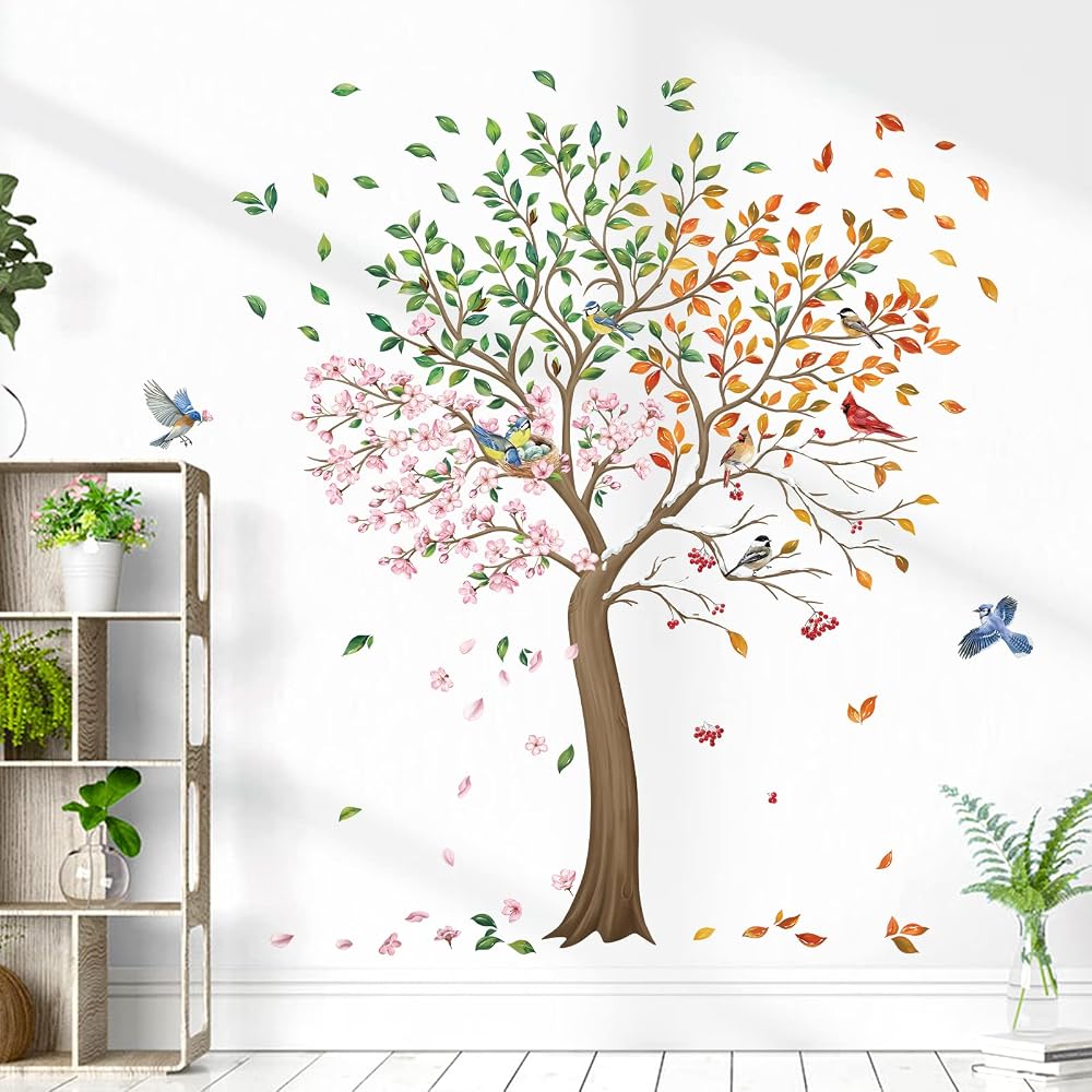 wondever Colorful Large Tree Wall Stickers, Tree with Flower Birds Peel and Stick Wall Art Decals for Living Room Bedroom TV Wall (H: 160cm)