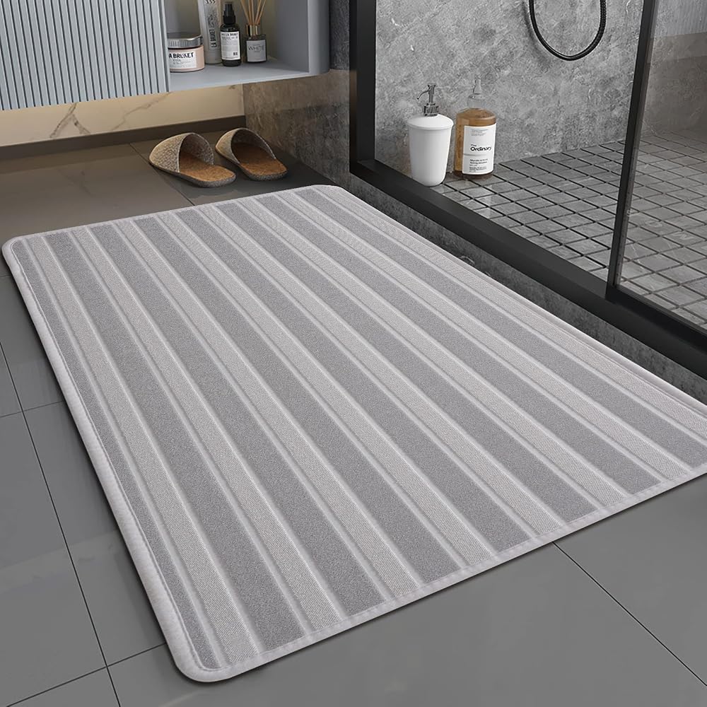 ORTIGIA Bath Mat Non-Slip Super Absorbent Bathroom Mat, 40x60cm, Grey, Machine Washable Rubber Backed
