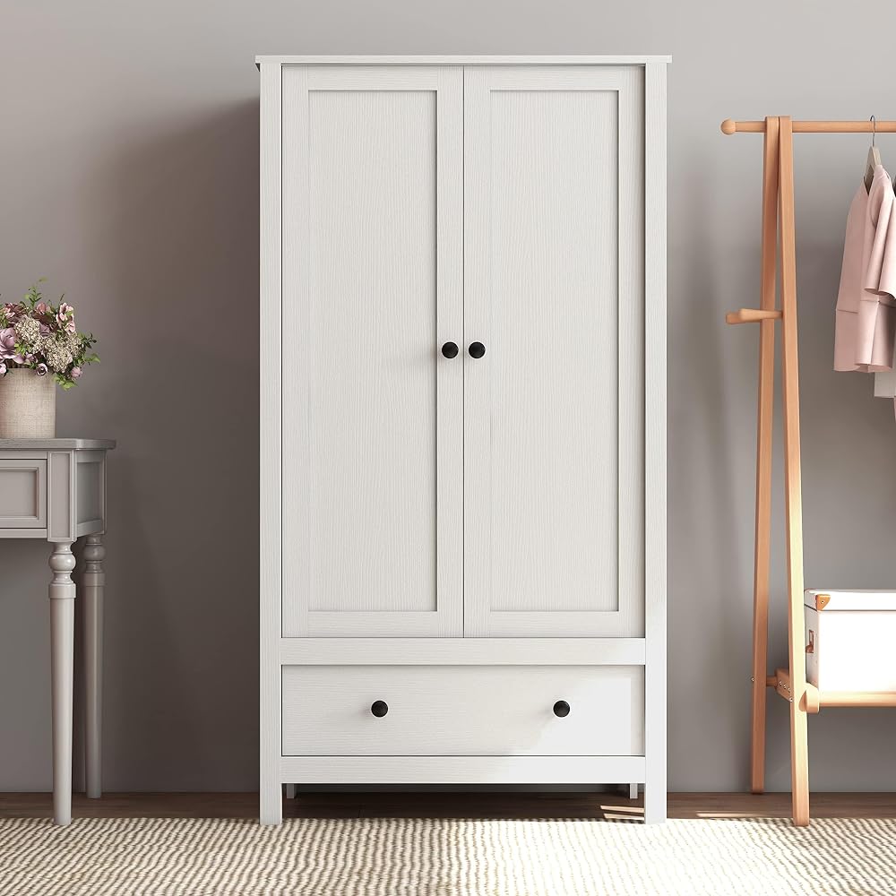 Panana 2 Door Wardrobe, Wooden Wardrobe with Drawer, Bedroom Storage Furniture, Large Cupboard, Hanging Bar, Black