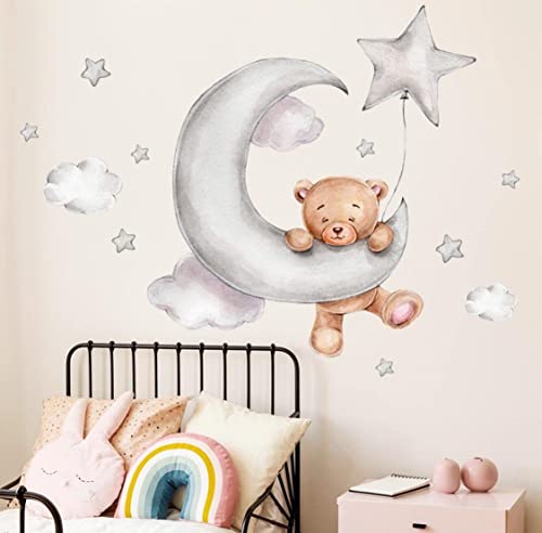 Bear Sleeping on The Moon and Stars Wall Sticker for Kids Room, Baby Boys Girls Room Decoration