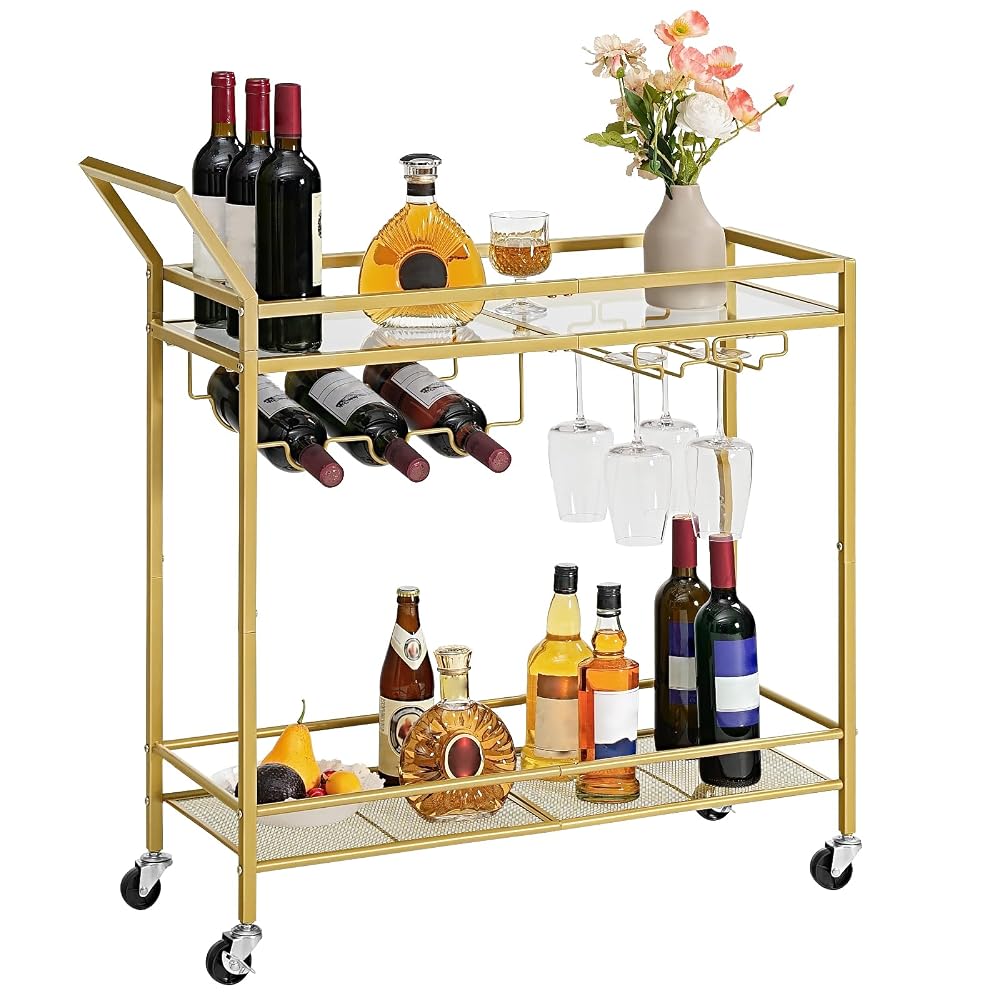 HOOBRO Drinks Trolley Gold, Bar Cart, Bar Trolley, Kitchen Trolley on Wheels, Serving Trolley with Glass Shelf, Wine Rack and Glass Holder