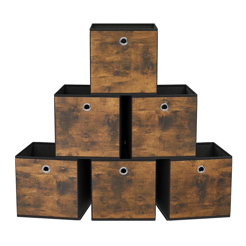 SONGMICS Storage Cubes, Set of 6 Storage Bins with Handle, Oxford Fabric and Non-Woven Fabric, 26 x 26 x 28cm, Rustic Brown and Black