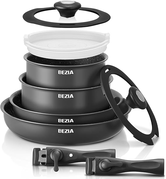 BEZIA Induction Hob Pan Set, Non Stick Saucepan Set with Detachable Handles | Stackable Pots and Pans Set Nonstick 10 Pieces, Space Saving & Oven Safe, for All Hobs, for RVs, Campers & Compact Kitchen