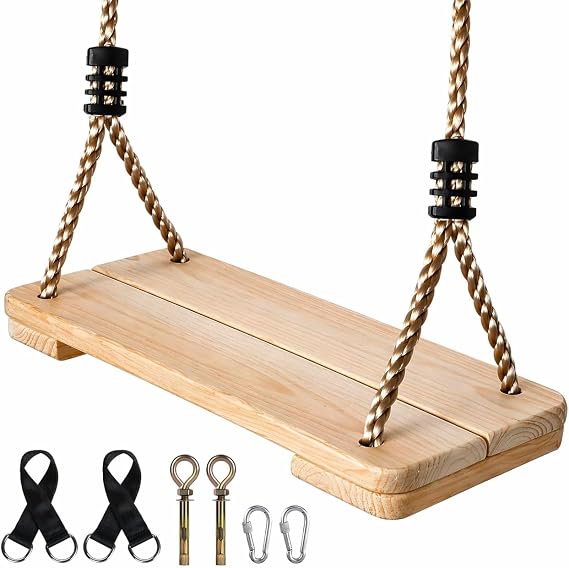 Wood Tree Swing Seat, Wooden Swing Set for Children Adult Kids | 15.7 * 6.3 * 1.2 Inch, Adjustable Rope Swings for Yard Indoor Outdoor Backyard Garden Playground,Max Load 350lbs