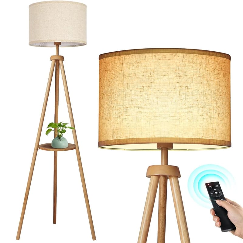 OUTON Solid Wooden Tripod Floor Lamp, Standing Lamp with Remote Control, Dimmable & 4 Colour Temperatures, Storage Shelf, Linen Shade