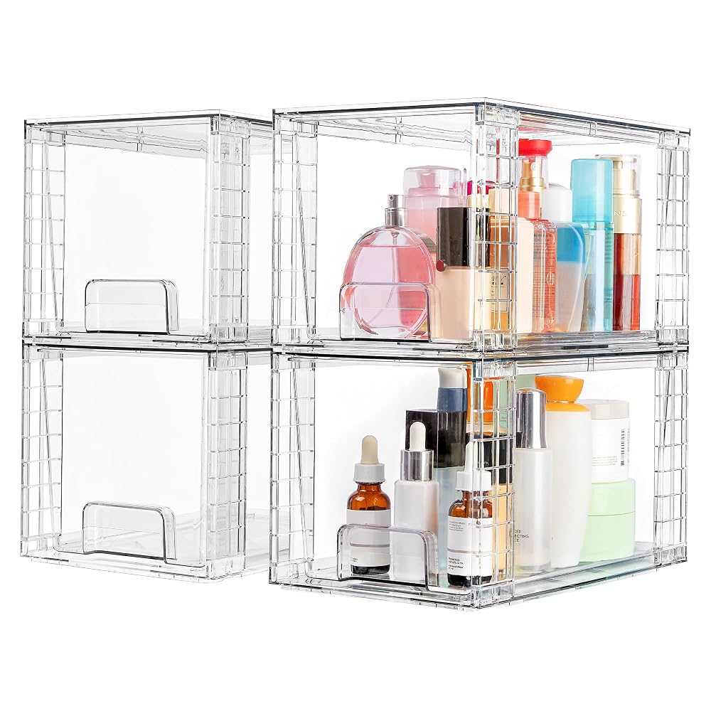 Vtopmart 4 Pack Large Stackable Storage Drawers, Easily Assemble Acrylic Bathroom Closet Undersink Organizers and Storage, Plastic Bins for Kitchen Cabinets, Pantry, Makeup, Medicine Organization