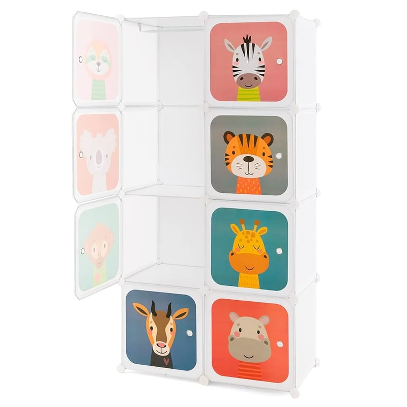 COSTWAY 8/12 Cube Children Clothes Closet, Cartoon Modular Wardrobe with Hanging Sections, Kids Storage Unit for Children Room, Nursery, Bedroom, White