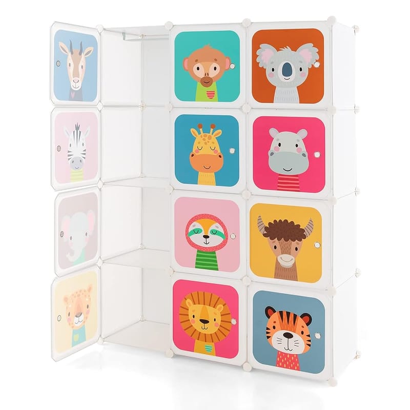 COSTWAY 8/12 Cube Children Clothes Closet, Portable Kids Wardrobe with Non-Woven Fabric Cover and Hanging Rod