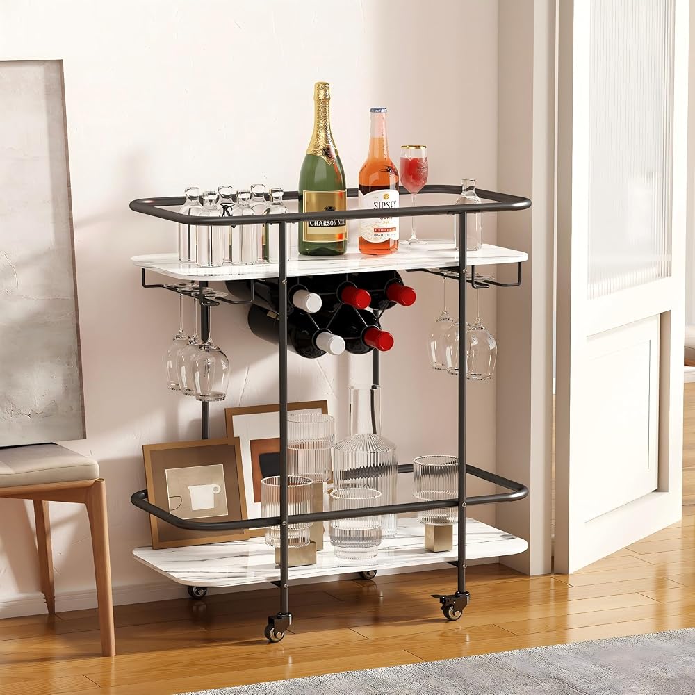 DAWNYIELD 2 Tier Mobile Drinks Trolley Bar Serving Cart on Wheels with Wine Rack and Glass Holder (Black)