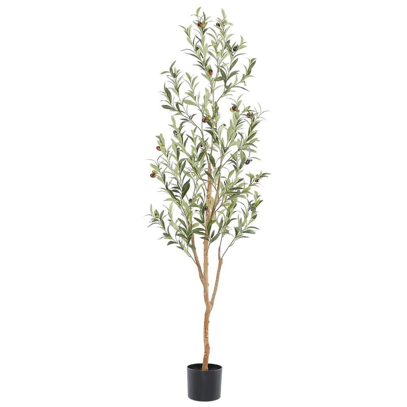 Bellacat Faux Olive Tree 5ft Artificial Indoor, Fake Silk Olive Plant with Natural Wood Trunk in Pot for Home Office Living Room