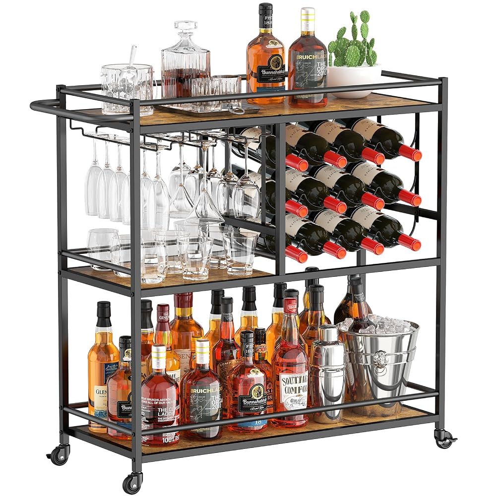Lifewit Drink Trolley, 3 Tier Bar Cart with Lockable Wheels, 12 Wine Rack and 3 Rows Glass Holders