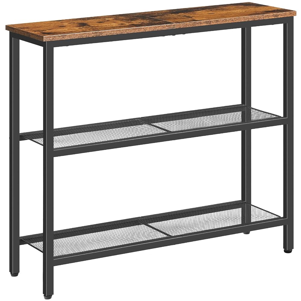 HOOBRO Console Table for Hallway Slim, Narrow Console Table with 3 Shelves, Metal Mesh Frame, Rustic Brown and Black