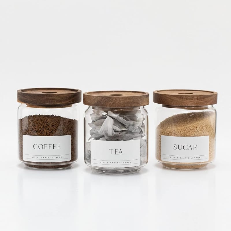 Tea, Coffee & Sugar Glass Storage Set, 3 Piece 450ml Kitchen Canisters with Acacia Wood Lids
