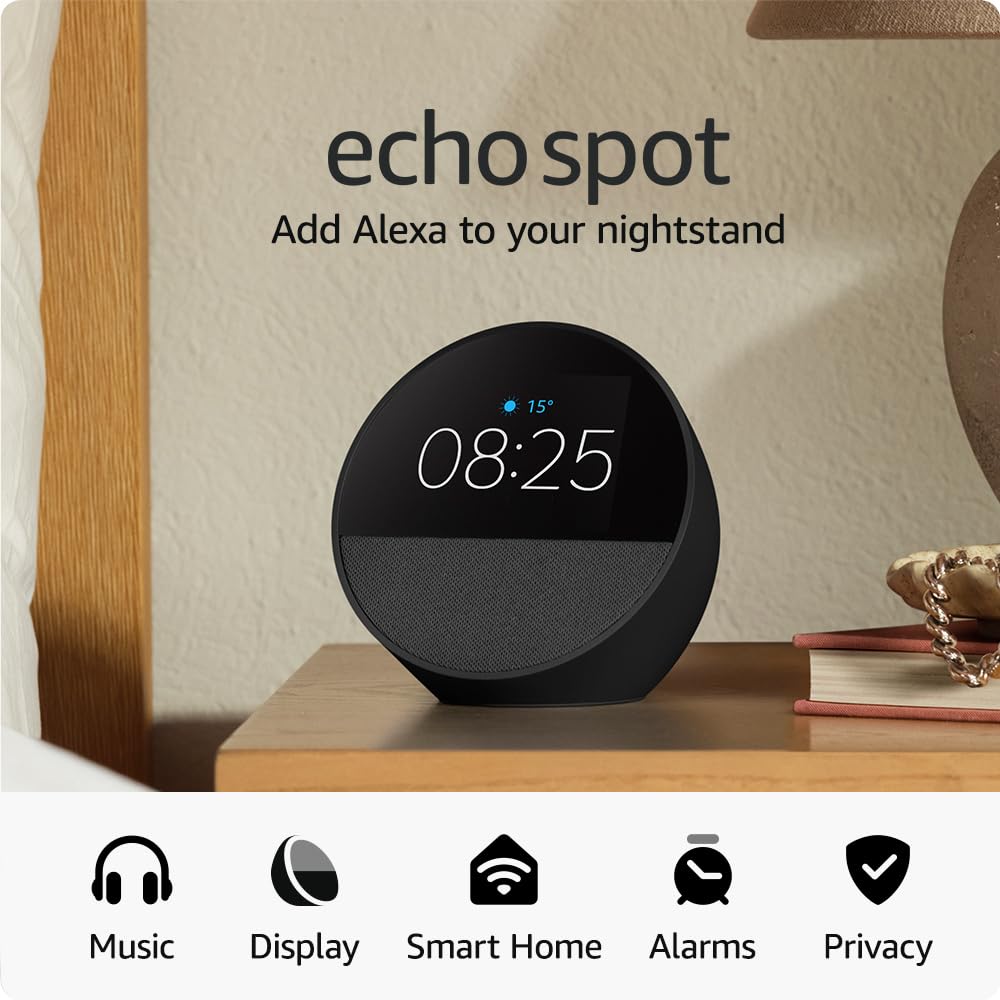 Echo Spot (Newest Gen), Smart Alarm Clock with Vibrant Sound and Colourful Display, Black