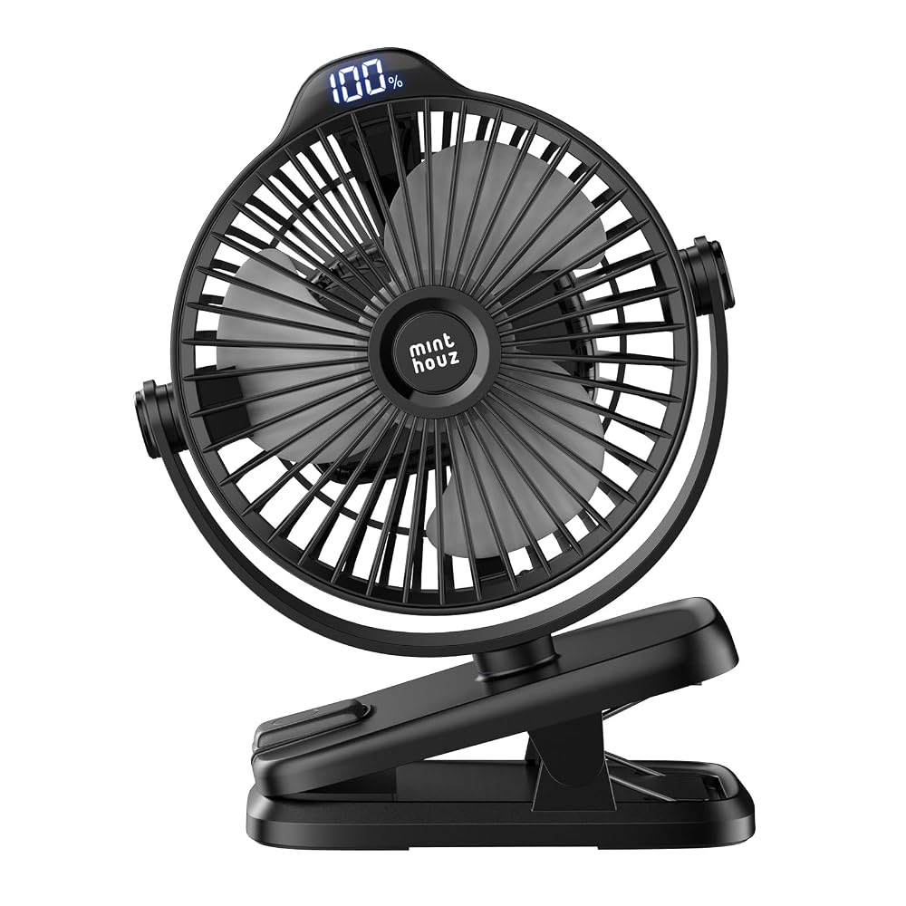 Minthouz Clip on Fan, 8000mAh USB-C Rechargeable Fan with Battery Level Indicator, 5 Speeds, 360° Rotation