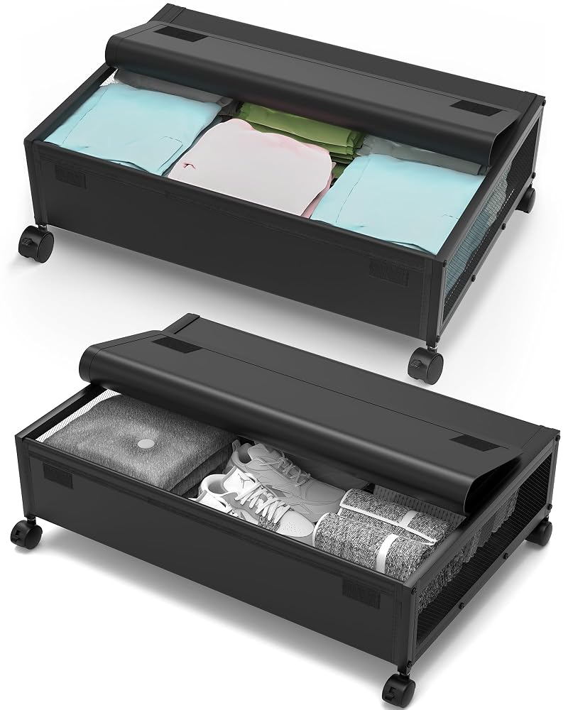 MixcMax Underbed Storage Box on Wheels, Clothes Bag with Lid Tag, Metal Rolling Under Bed Organizer, 2 Pack, Black