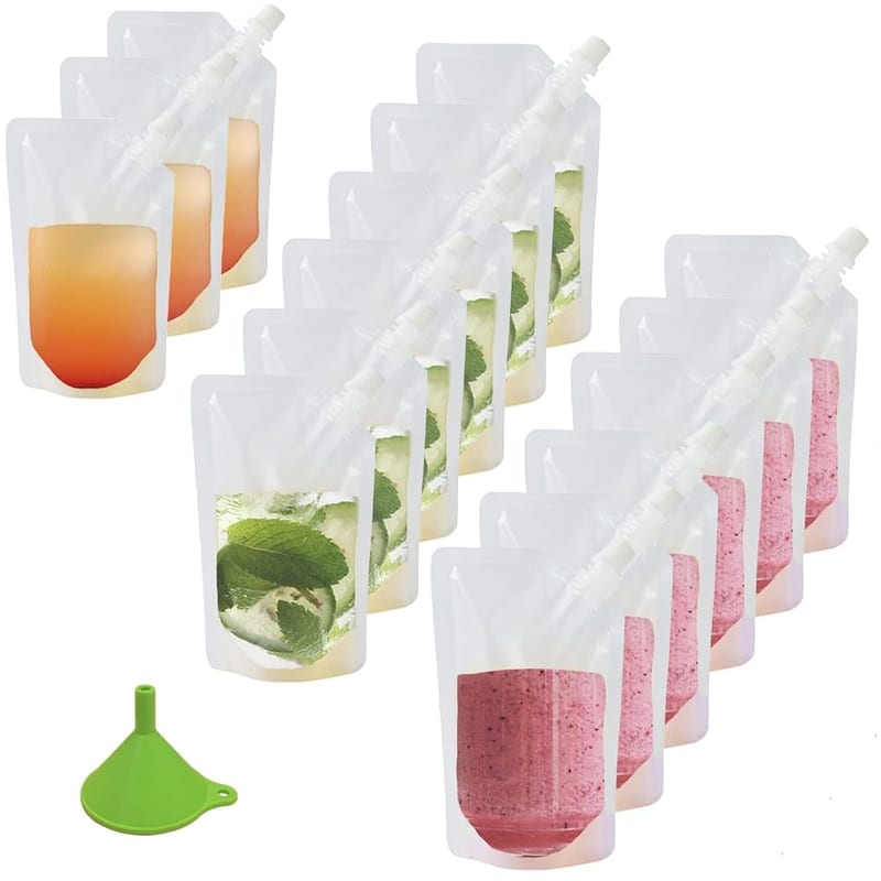 15pcs Clear Drink Pouches for Festivals, Reusable Plastic Pouches with Funnel and Stickers for Parties, Concerts and Festivals