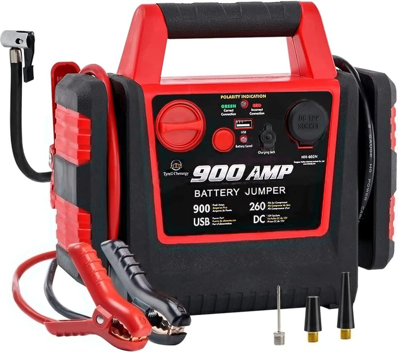 Car Jump Starter Power Pack with Air Compressor, 900A 12V Lead-Acid Battery Booster, USB Socket and DC Outlet, 150PSI Tyre Inflator