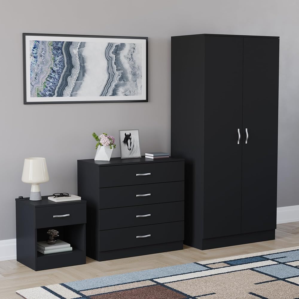 Vida Designs Riano 3 Piece Bedroom Furniture Set, 2 Door Wardrobe, 4 Drawer Chest and Bedside Cabinet, Black