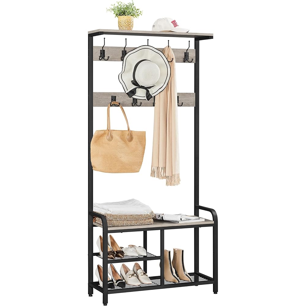 Yaheetech Coat Rack, Coat Stand with Shoe Storage Bench, Hall Tree with Top Shelf & 23 Hooks, Metal Frame, Grey