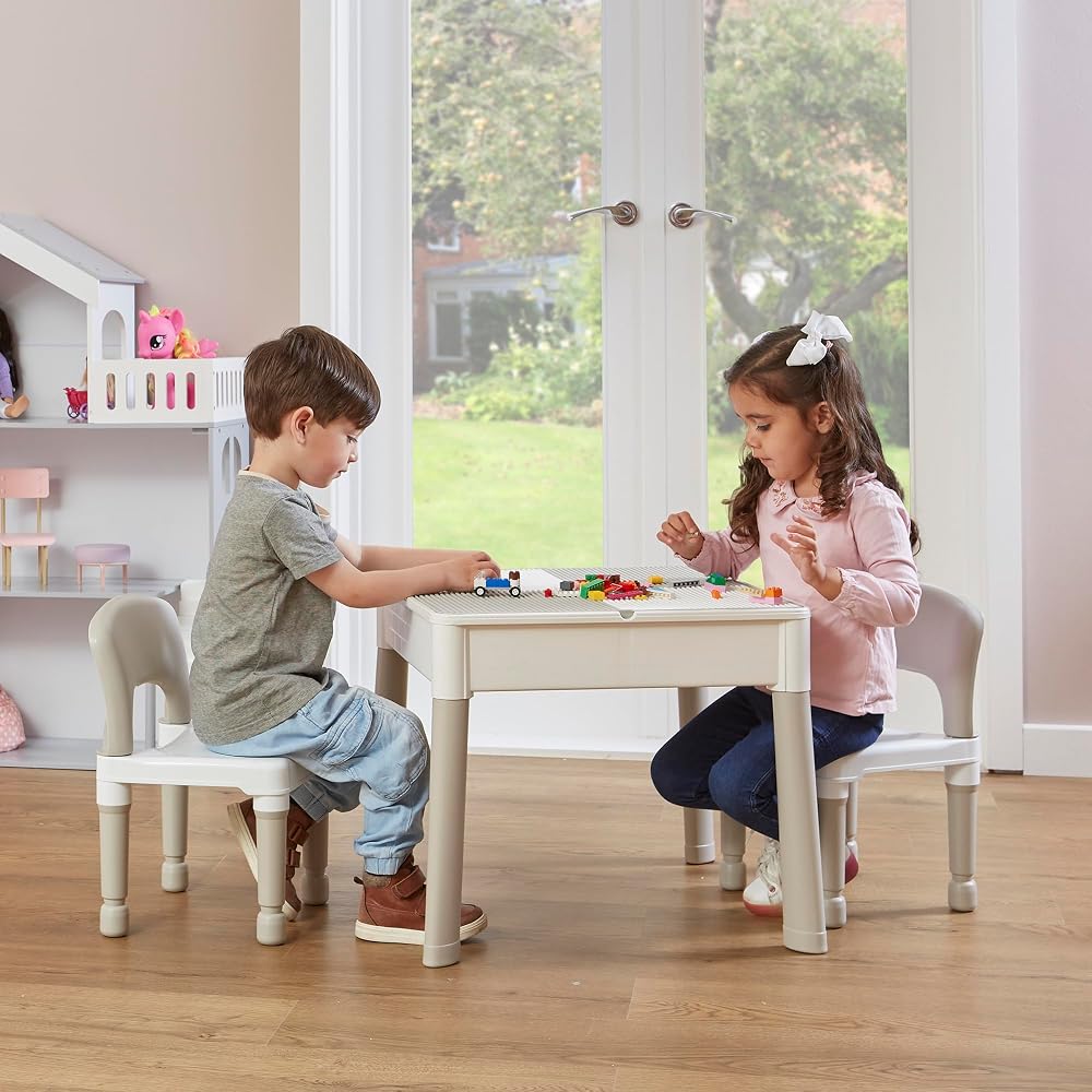 Liberty House Toys Kids 5-in-1 Activity Table and 2 Chairs, Sand, Water, Construction Play, Grey