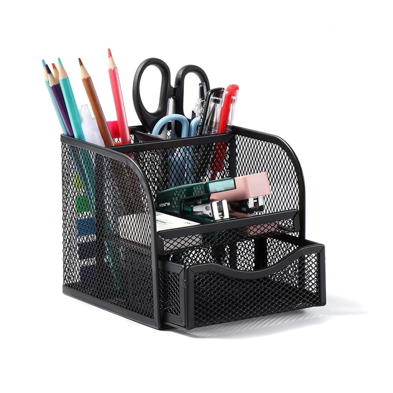 Vinabo Desk Organiser, Metal Mesh Pen Holder, Stationery Organiser with 4 Sorting Compartments, Compact Pencil Pot with Sliding Drawer
