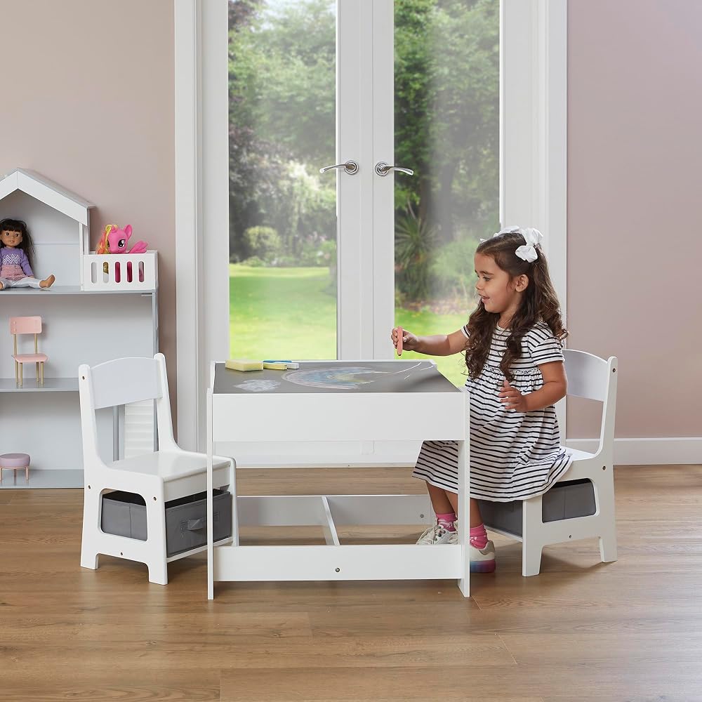 Liberty House Toys Kids Table and Chair Set with Storage Boxes and Play Table, White and Grey