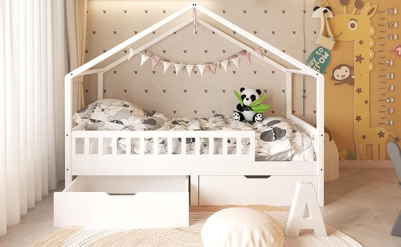 DONEWELL Kids Single Bed Frame - White House-Shaped Bed with Underbed Storage Drawers, Mattress Size 90x190cm