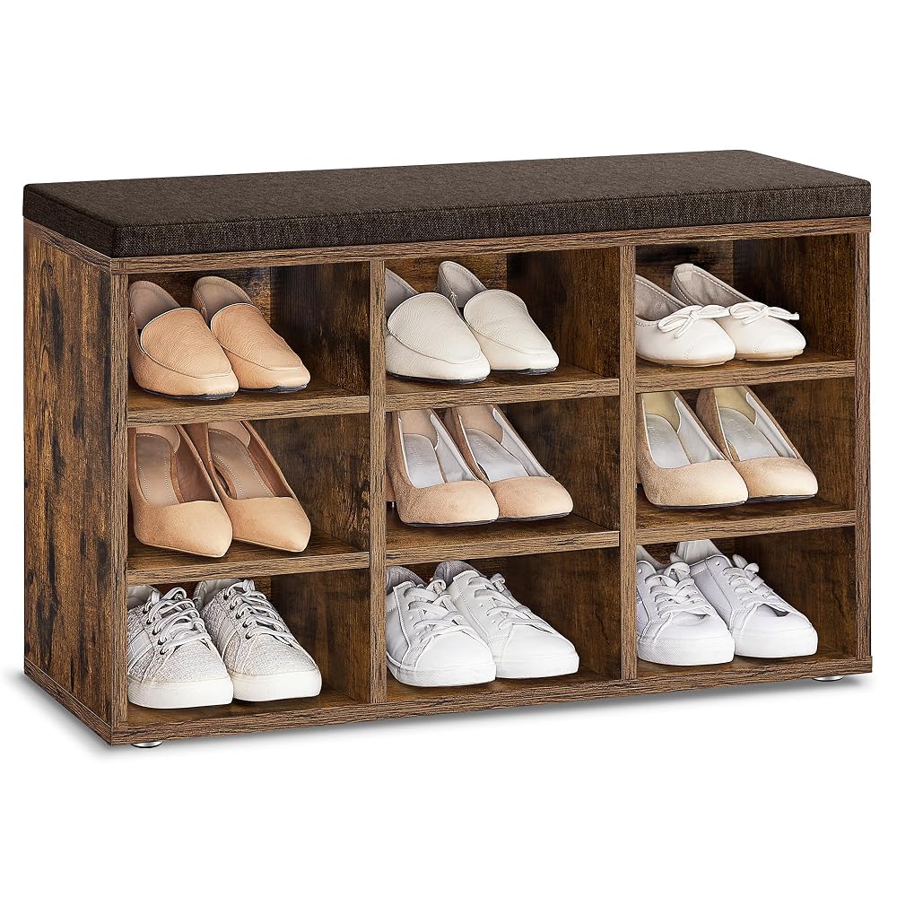 VASAGLE Shoe Bench, Storage Bench with Padded Seat and Cushion, 9 Compartments, Adjustable Shelves, for Living Room, Hallway, Rustic Brown