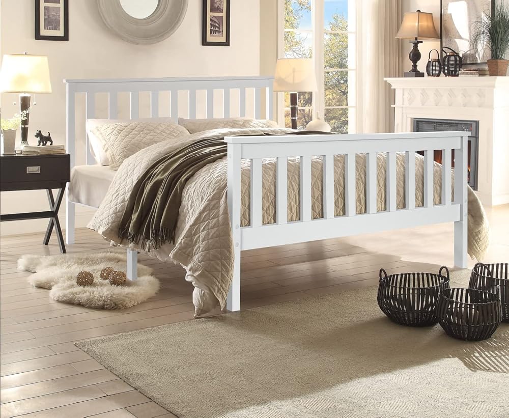 XEO HOME White 4ft Small Double Wooden Bed Frame, Solid Pine