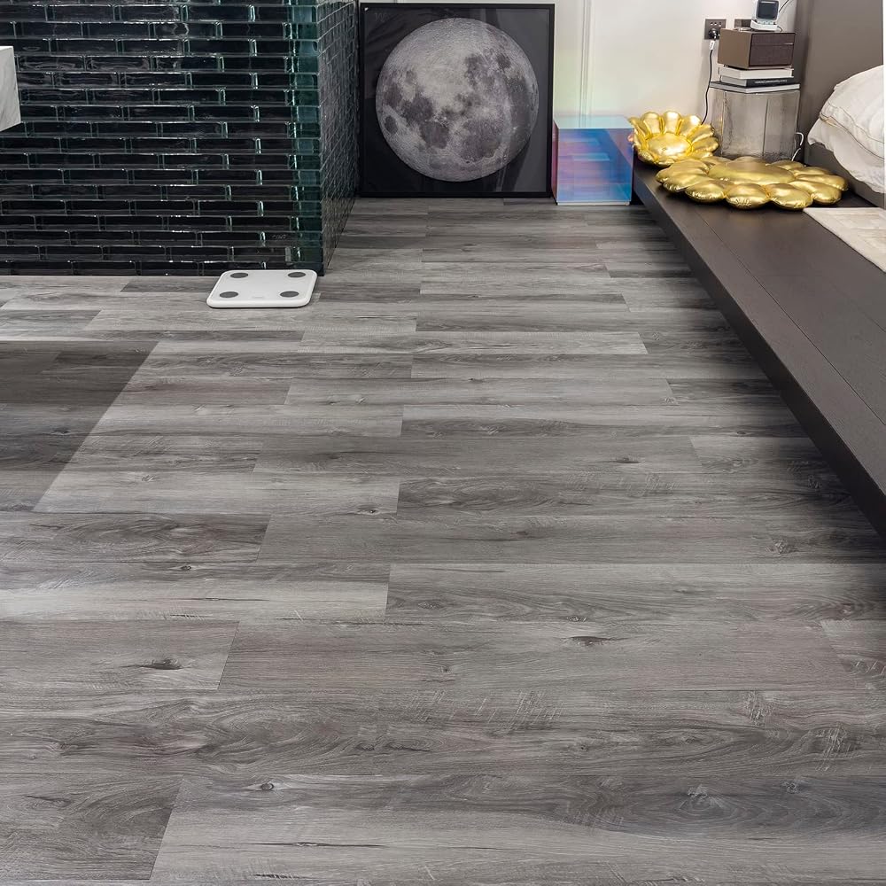 FLOREXP Vinyl Flooring, Self Adhesive Flooring Plank with Wood Effect, Peel and Stick Floor Tiles, 2.0mm 36pcs Waterproof, Grey