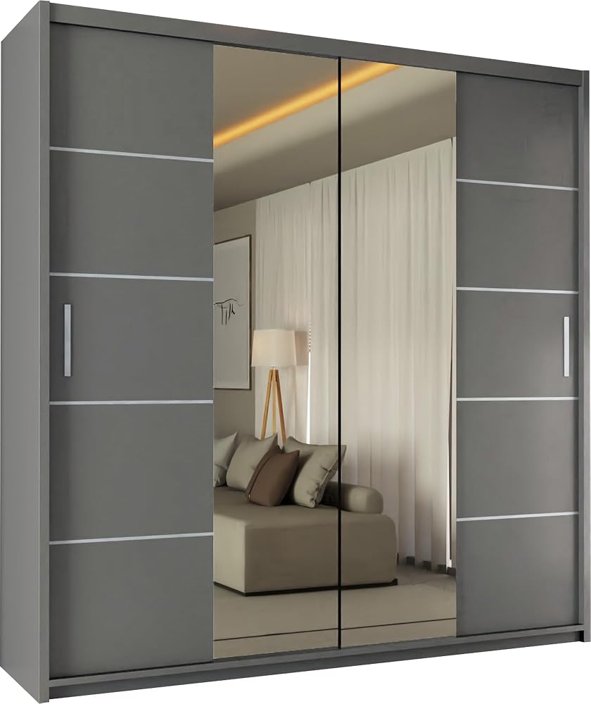 SLIDING WARDROBE 4U Winnipeg Double Door Sliding Mirror Wardrobe with Adjustable Shelves and Hanging Rails, Grey, 180cm