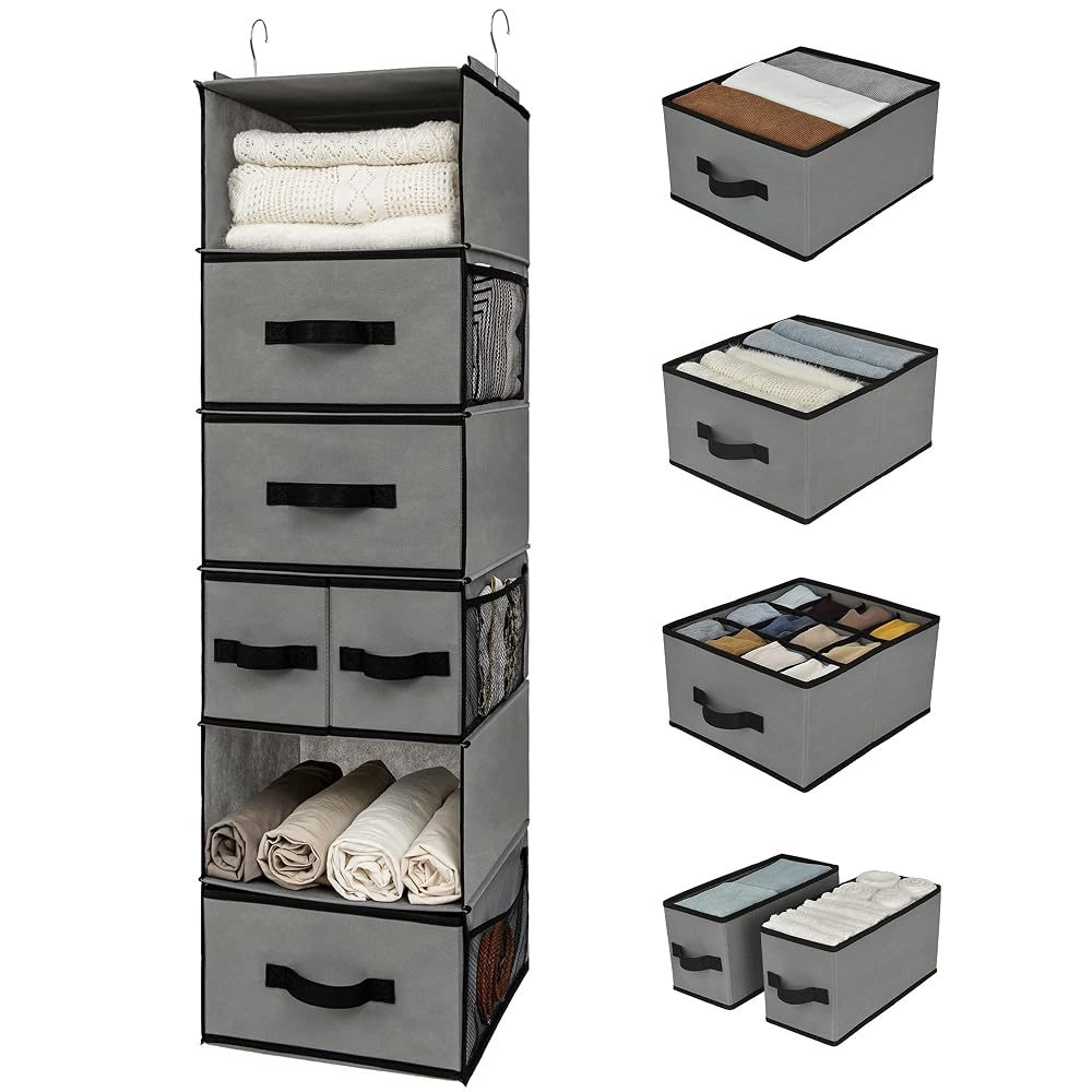 GRANNY SAYS 6 Shelves Hanging Wardrobe Storage Organiser with Side Pockets for Closet Storage, Grey